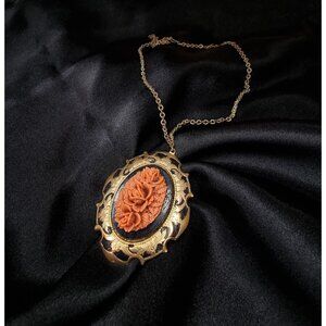Antique Early XX Century Faux Coral Necklace With Ornate Gold-Tone Pendant